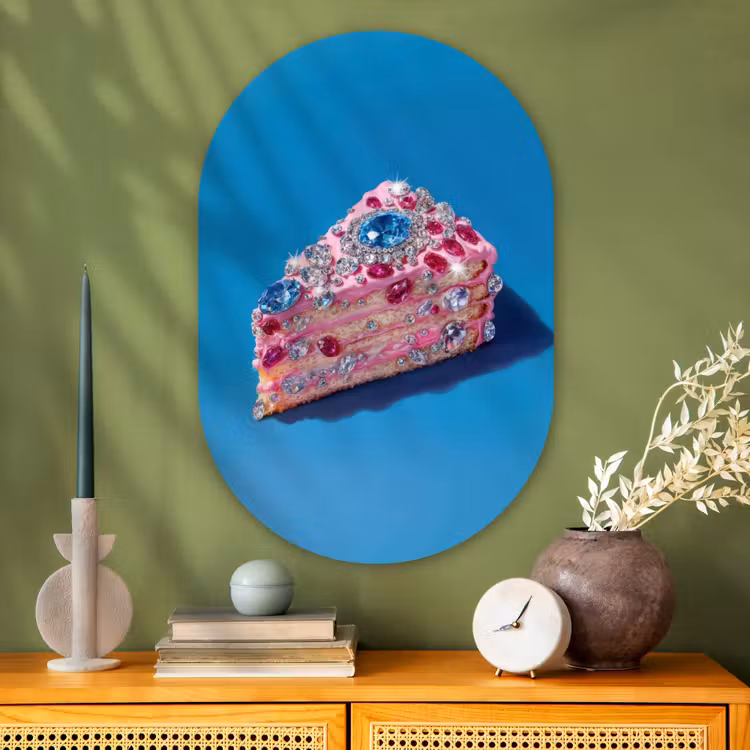 Taart - Edelstenen - Glitters - Roze Wandcirkel Ovaal Glas middel -sfeer2