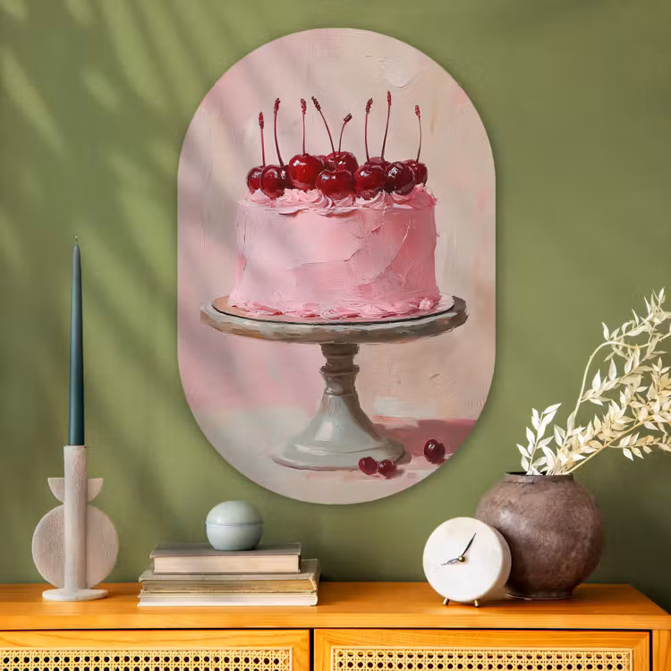 Taart - Pink - Cherry Wandcirkel Ovaal Glas middel -sfeer2