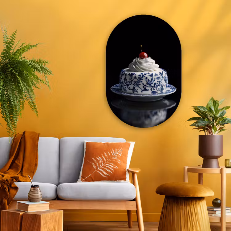 Taart - Slagroom - Kers - Bord - Delfts blauw Wandcirkel Ovaal Glas middel -sfeer4