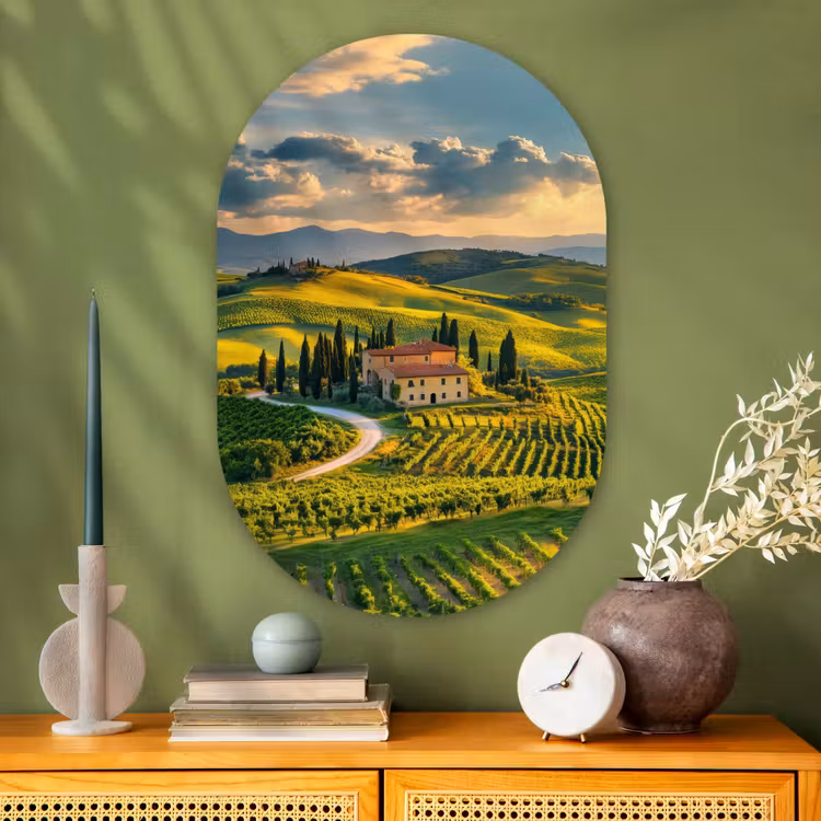 Toscane - Landschap - Wijngaarden Wandcirkel Ovaal Glas middel -sfeer2