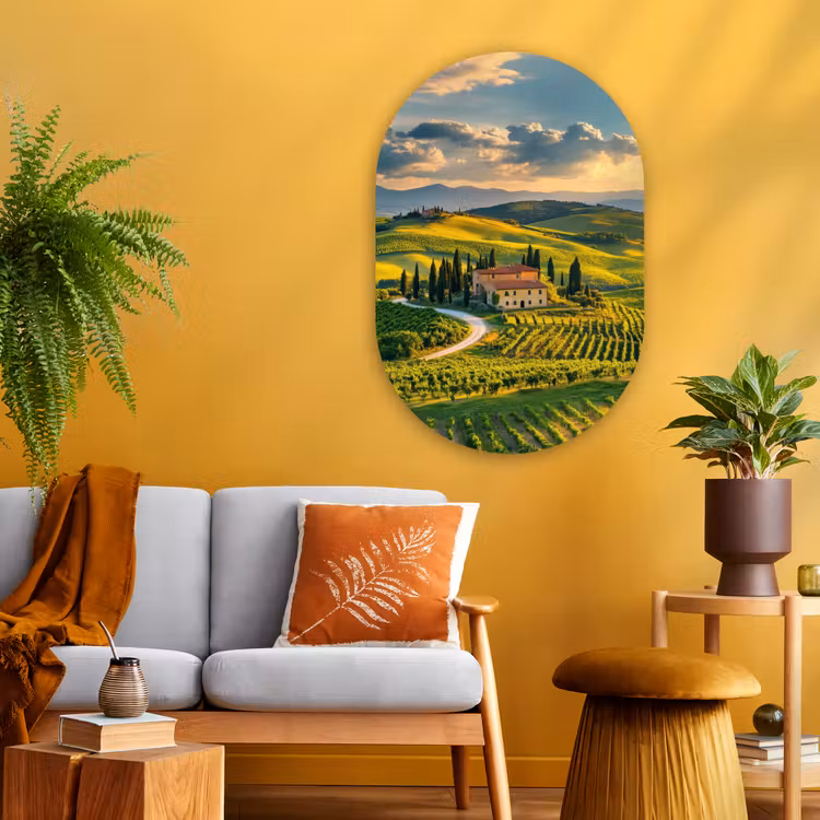 Toscane - Landschap - Wijngaarden Wandcirkel Ovaal Glas middel -sfeer4