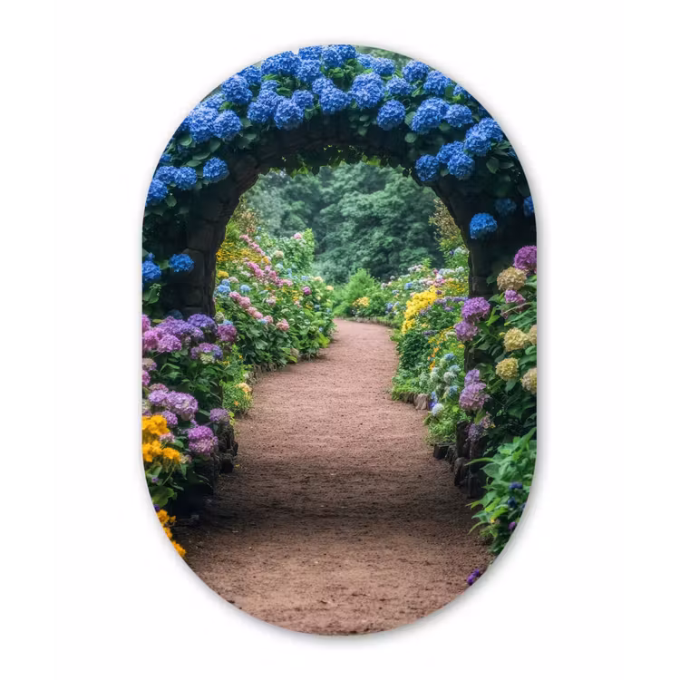 Doorkijk - Bloemen - Hortensia - Pad Wandcirkel Ovaal Glas middel -3d