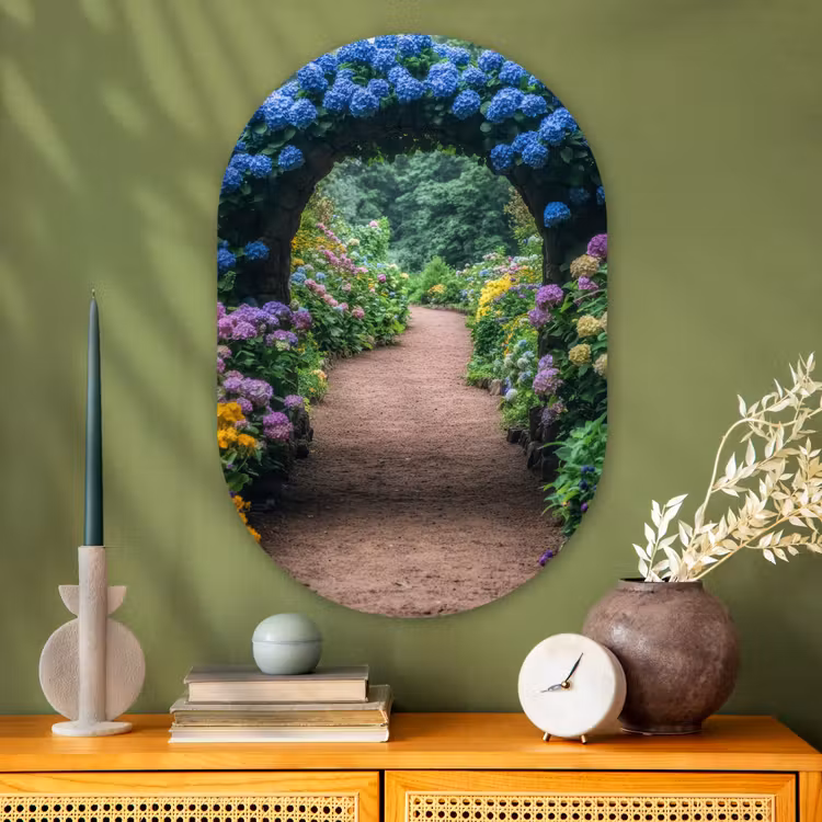 Doorkijk - Bloemen - Hortensia - Pad Wandcirkel Ovaal Glas middel -sfeer2