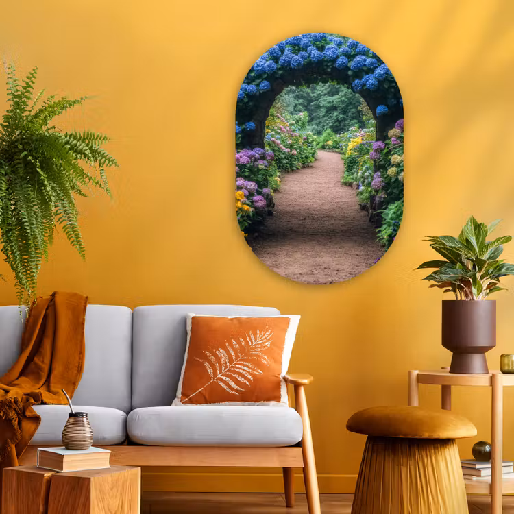 Doorkijk - Bloemen - Hortensia - Pad Wandcirkel Ovaal Glas middel -sfeer4