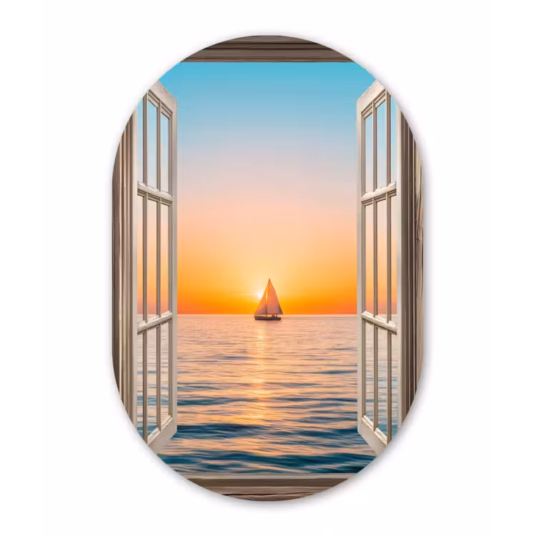 Doorkijk - Zee - Boot - Zonsondergang Wandcirkel Ovaal Glas middel -3d
