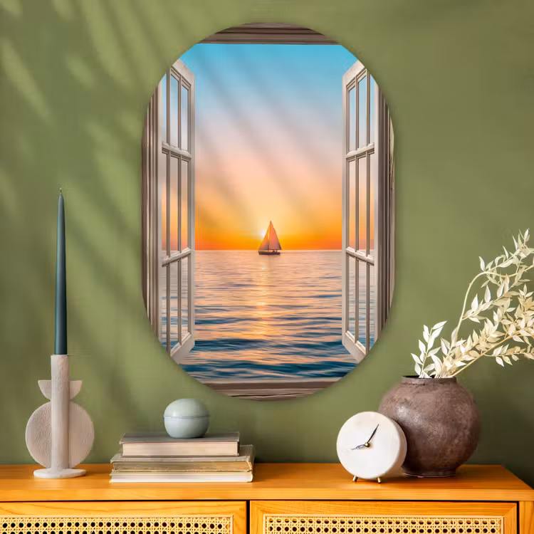 Doorkijk - Zee - Boot - Zonsondergang Wandcirkel Ovaal Glas middel -sfeer2