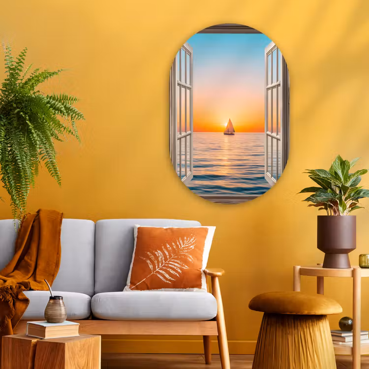 Doorkijk - Zee - Boot - Zonsondergang Wandcirkel Ovaal Glas middel -sfeer4