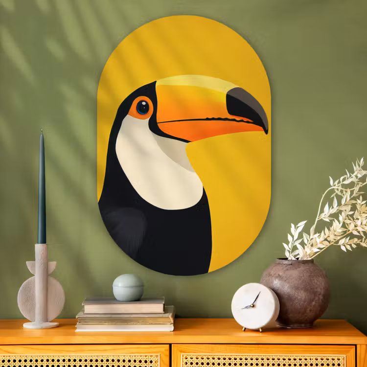 Toekan - Minimalistisch - Snavel - Oranje Wandcirkel Ovaal Glas middel -sfeer2