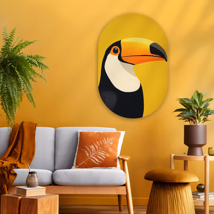 Toekan - Minimalistisch - Snavel - Oranje Wandcirkel Ovaal Glas middel -sfeer4