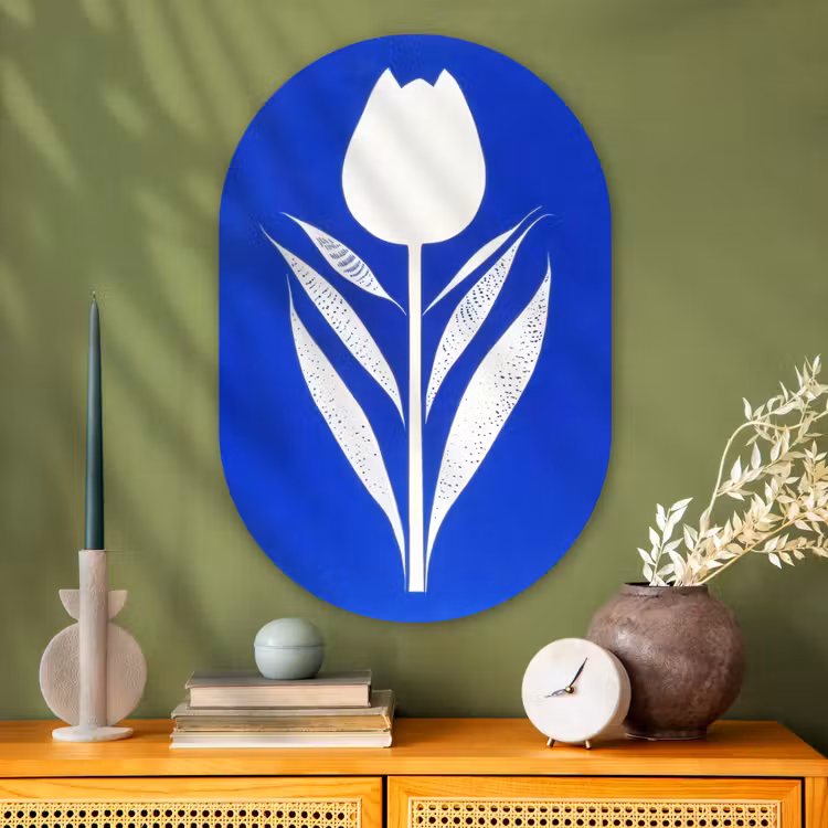 Tulp - Minimalistisch - Bladeren - Wit Wandcirkel Ovaal Glas middel -sfeer2