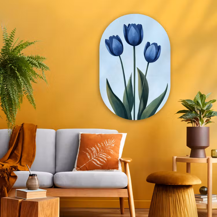 Tulpen - Blauw - Bladeren Wandcirkel Ovaal Glas middel -sfeer4