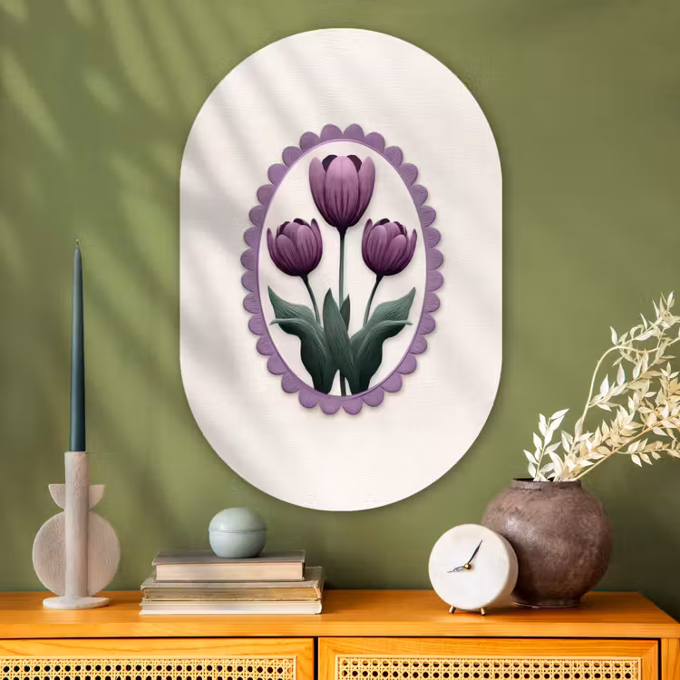 Tulpen - Paars - Lijst - Bladeren Wandcirkel Ovaal Glas middel -sfeer2