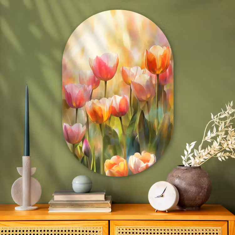 Tulpen - Sprookjesachtig - Kleurrijk Wandcirkel Ovaal Glas middel -sfeer2
