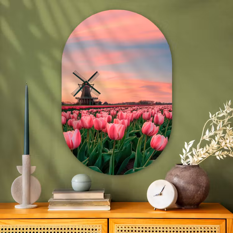 Tulpen - Molen - Nederland Wandcirkel Ovaal Glas middel -sfeer2