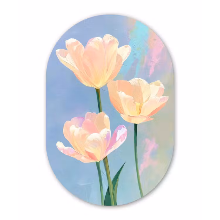 Tulpen - Roze accenten - Blauw Wandcirkel Ovaal Glas middel -3d