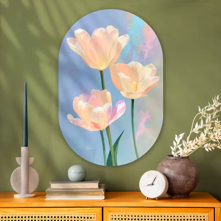 Tulpen - Roze accenten - Blauw Wandcirkel Ovaal Glas middel -sfeer2