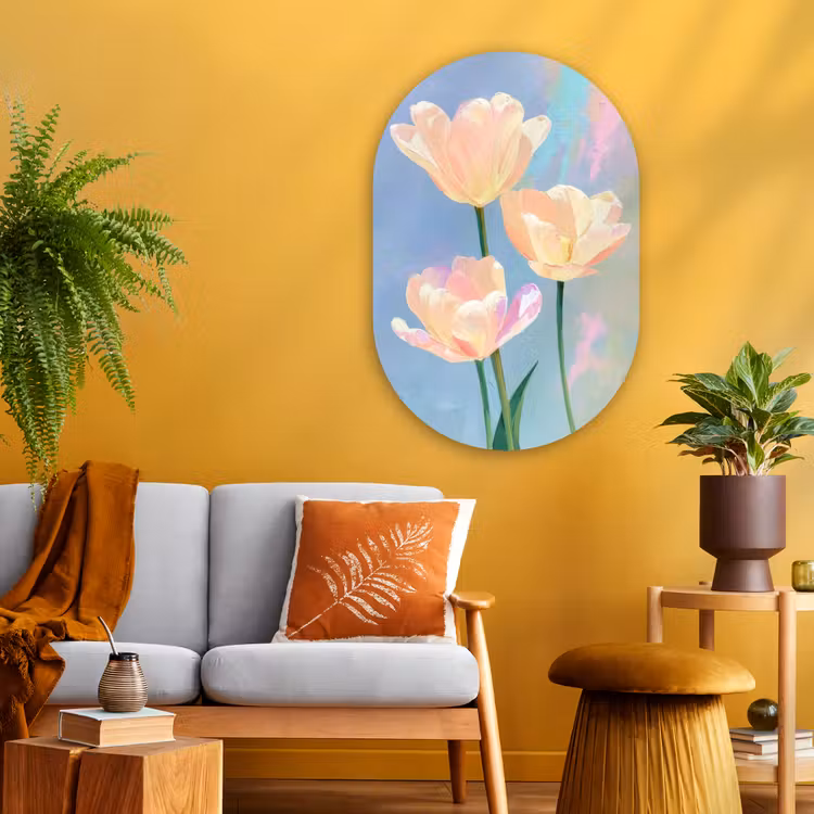 Tulpen - Roze accenten - Blauw Wandcirkel Ovaal Glas middel -sfeer4