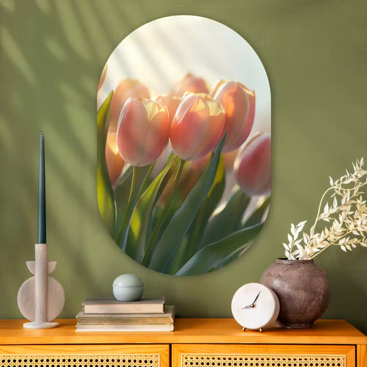 Tulpen - Roze - Zonnestralen Wandcirkel Ovaal Glas middel -sfeer2