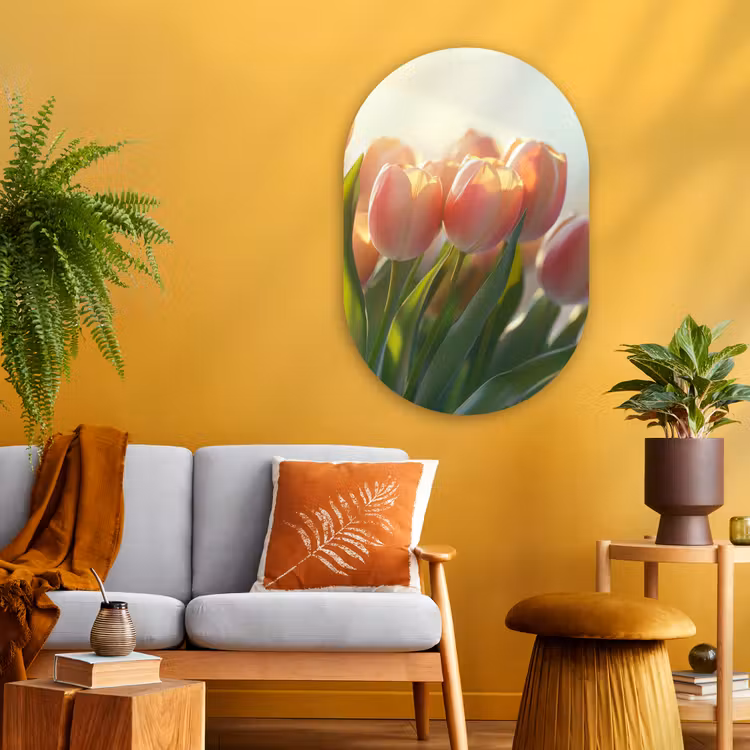 Tulpen - Roze - Zonnestralen Wandcirkel Ovaal Glas middel -sfeer4