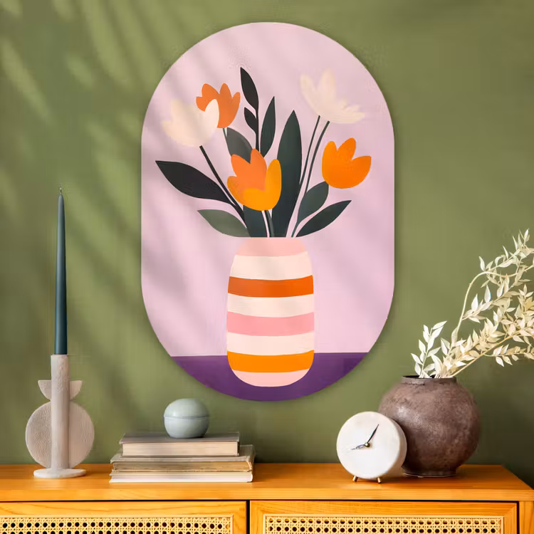 Tulpen - Vaas - Strepen - Paars Wandcirkel Ovaal Glas middel -sfeer2
