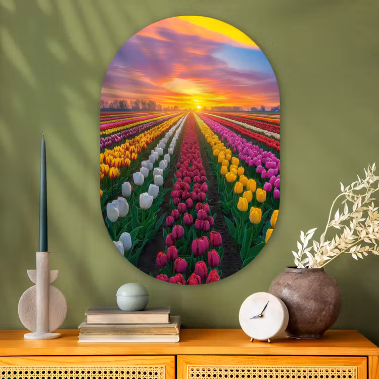 Tulpenveld - Zonsondergang - Kleurrijk Wandcirkel Ovaal Glas middel -sfeer2