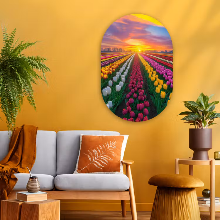 Tulpenveld - Zonsondergang - Kleurrijk Wandcirkel Ovaal Glas middel -sfeer4