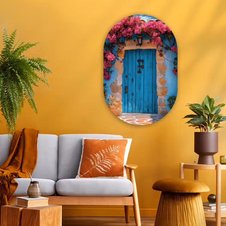 Deur - Hout - Bloemen - Blauw Wandcirkel Ovaal Glas middel -sfeer4