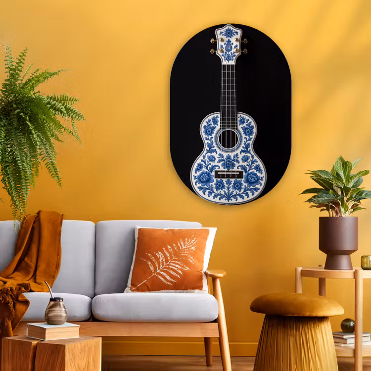 Ukelele - Delfts - Blauw - Muziek Wandcirkel Ovaal Glas middel -sfeer4