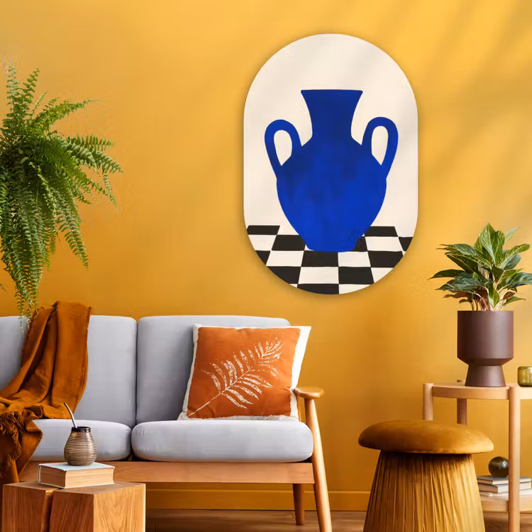 Vaas - Blauw - Geblokt - Modern Wandcirkel Ovaal Glas middel -sfeer4