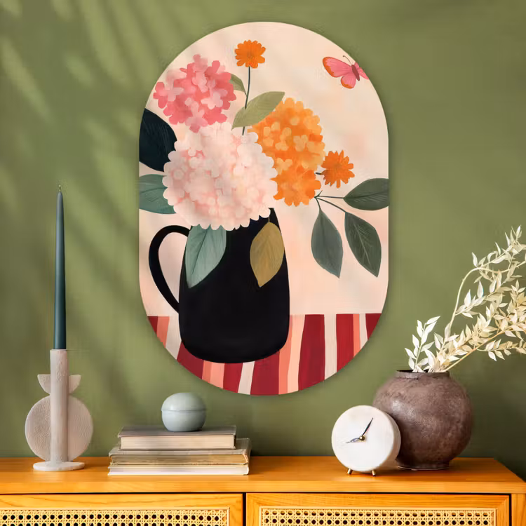 Vaas - Bloemen - Vlinder - Rood Wandcirkel Ovaal Glas middel -sfeer2