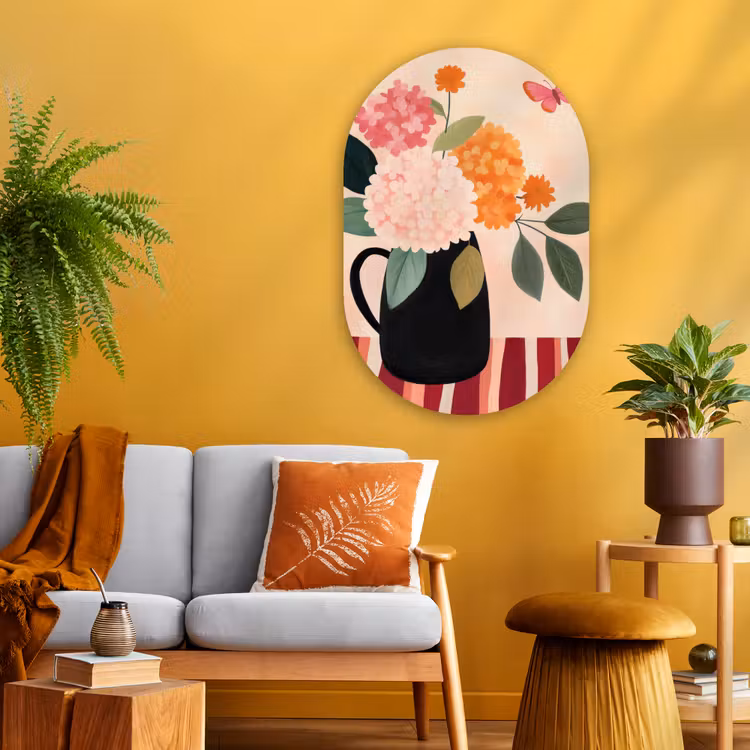 Vaas - Bloemen - Vlinder - Rood Wandcirkel Ovaal Glas middel -sfeer4