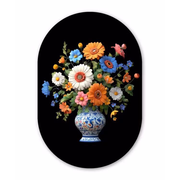 Vaas - Boeket - Bloemen - Kleur Wandcirkel Ovaal Glas middel -3d
