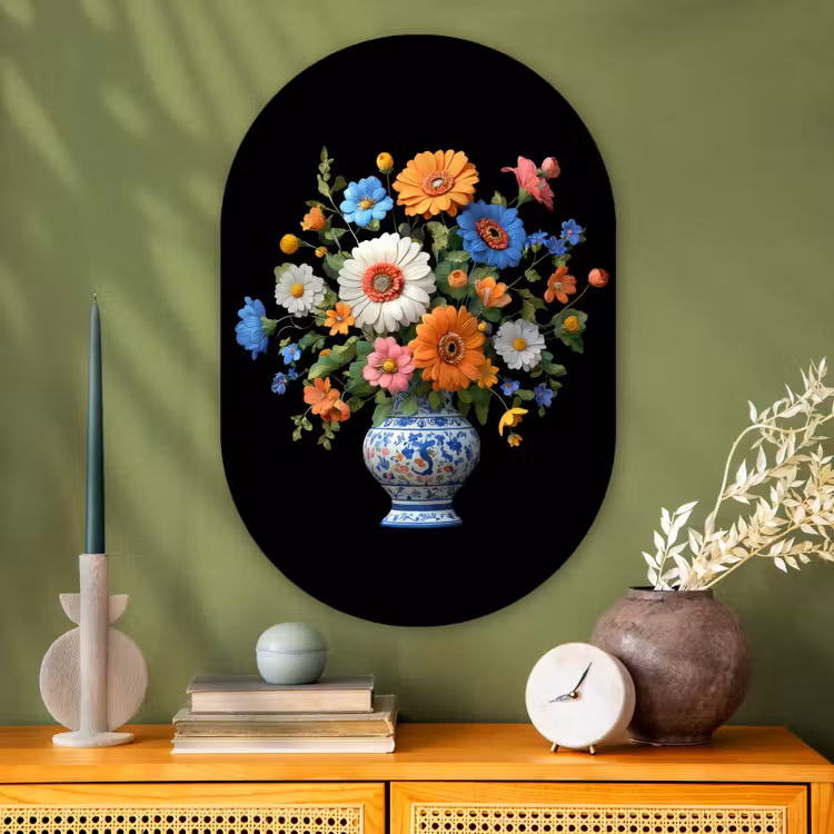 Vaas - Boeket - Bloemen - Kleur Wandcirkel Ovaal Glas middel -sfeer2