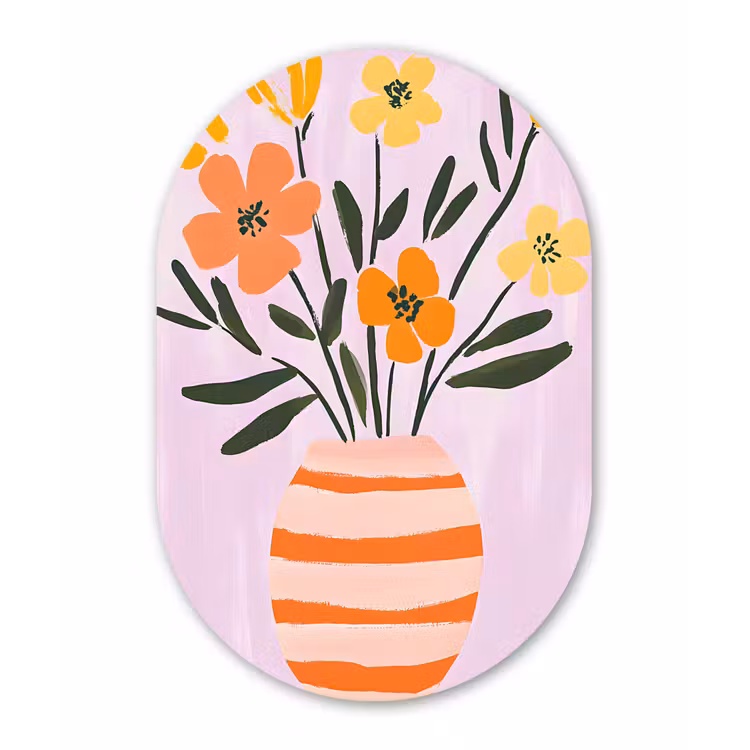 Vaas - Gestreept - Bloemen - Oranje Wandcirkel Ovaal Glas middel -3d