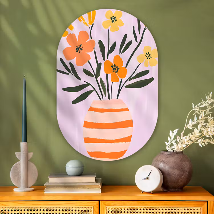 Vaas - Gestreept - Bloemen - Oranje Wandcirkel Ovaal Glas middel -sfeer2