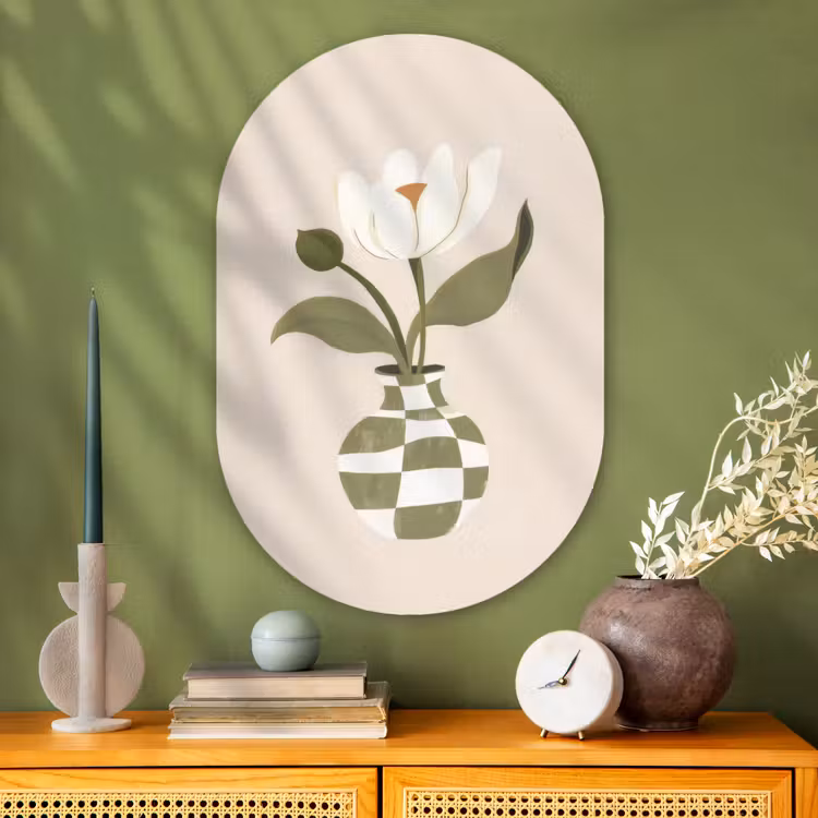 Vaas - Geruit - Bloem - Groen Wandcirkel Ovaal Glas middel -sfeer2