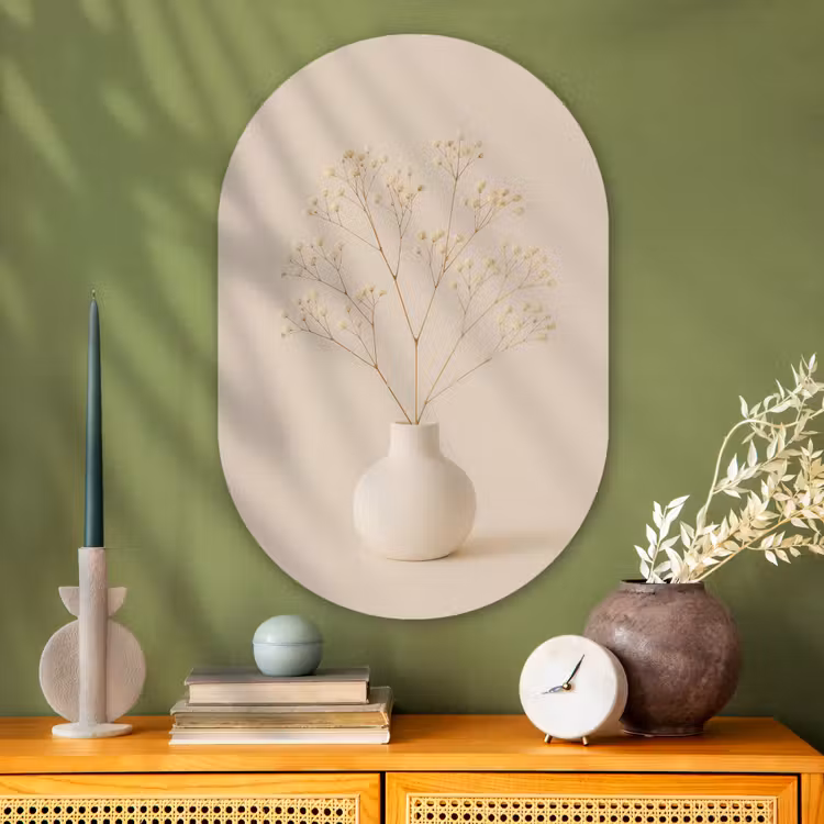 Vaas - Takken - Bloemetjes - Wit Wandcirkel Ovaal Glas middel -sfeer2