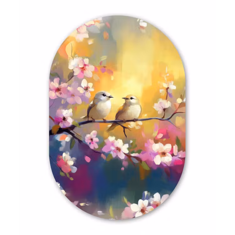 Vogels - Bloemen - Roze Wandcirkel Ovaal Glas middel -3d
