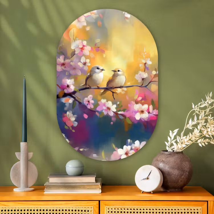 Vogels - Bloemen - Roze Wandcirkel Ovaal Glas middel -sfeer2