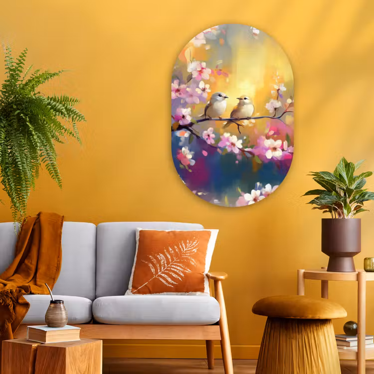 Vogels - Bloemen - Roze Wandcirkel Ovaal Glas middel -sfeer4