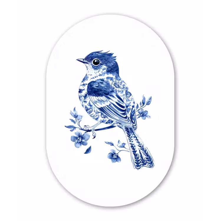 Vogel - Delfts blauw - Illustratie - Bloemen Wandcirkel Ovaal Glas middel -3d
