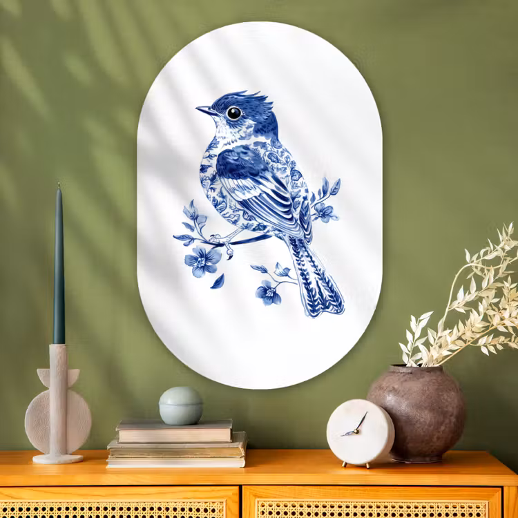 Vogel - Delfts blauw - Illustratie - Bloemen Wandcirkel Ovaal Glas middel -sfeer2