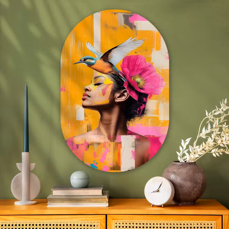 Vogel - Vrouw - Abstract - Bloem Wandcirkel Ovaal Glas middel -sfeer2