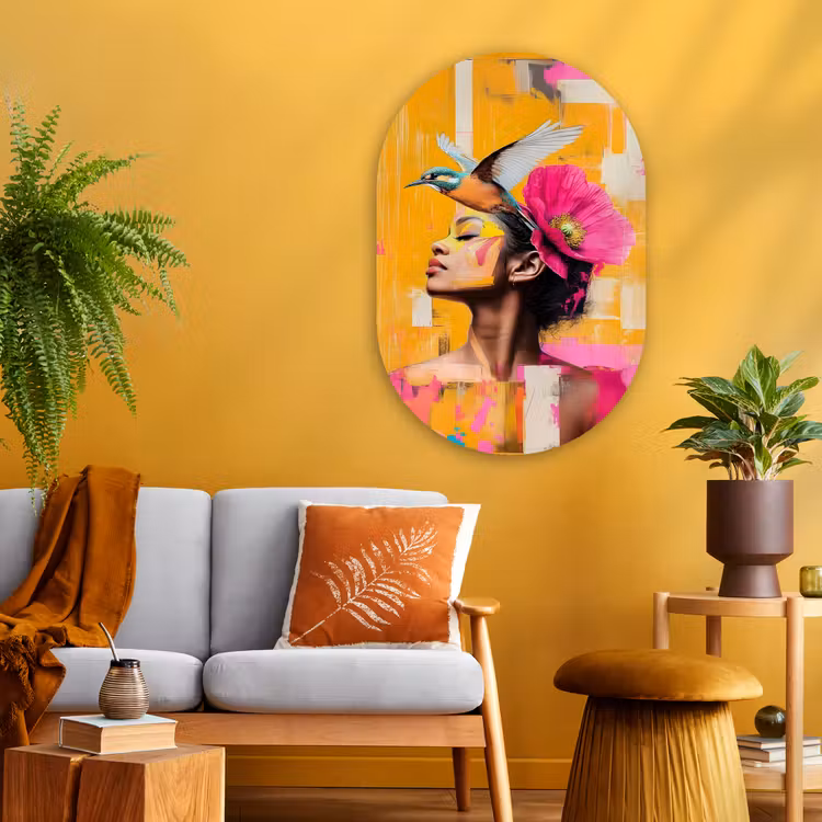 Vogel - Vrouw - Abstract - Bloem Wandcirkel Ovaal Glas middel -sfeer4