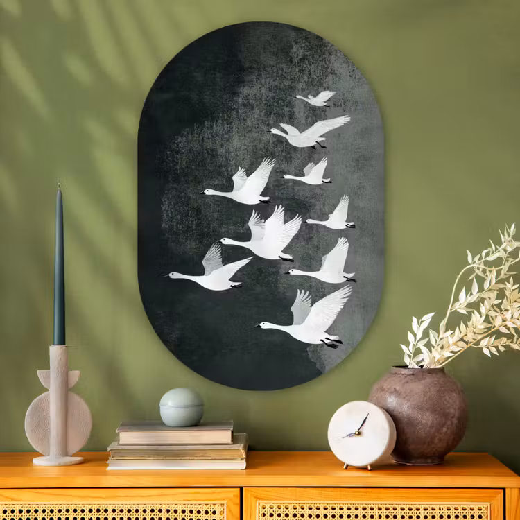 Vogel - Japandi - Groen Wandcirkel Ovaal Glas middel -sfeer2