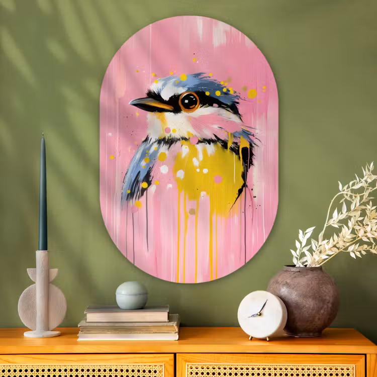 Vogel - Roze - Geel - Blauw Wandcirkel Ovaal Glas middel -sfeer2