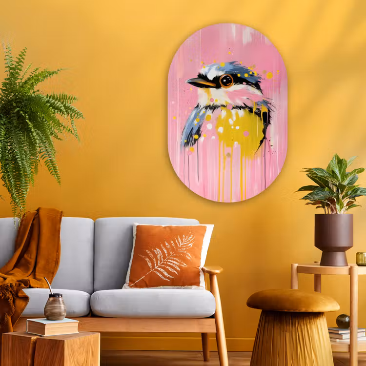 Vogel - Roze - Geel - Blauw Wandcirkel Ovaal Glas middel -sfeer4
