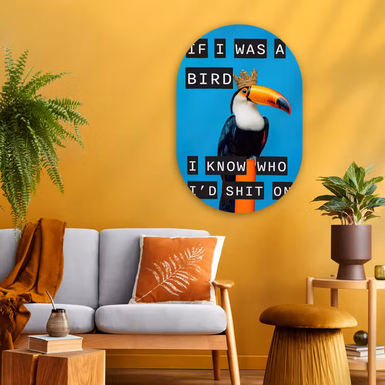 Vogel - Toekan - Blauw - Quotes Wandcirkel Ovaal Glas middel -sfeer4