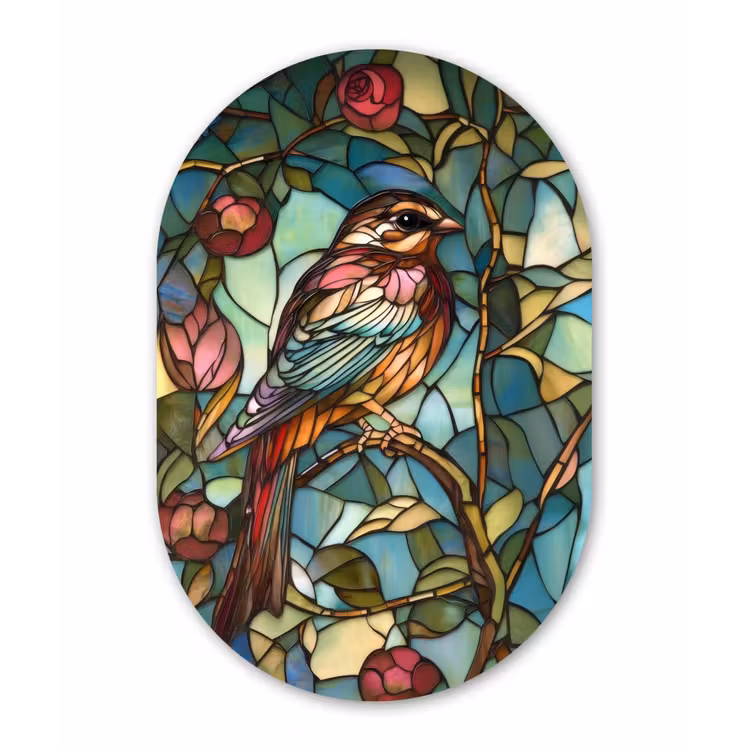 Vogel - Tak - Rozen - Mozaïek Wandcirkel Ovaal Glas middel -3d