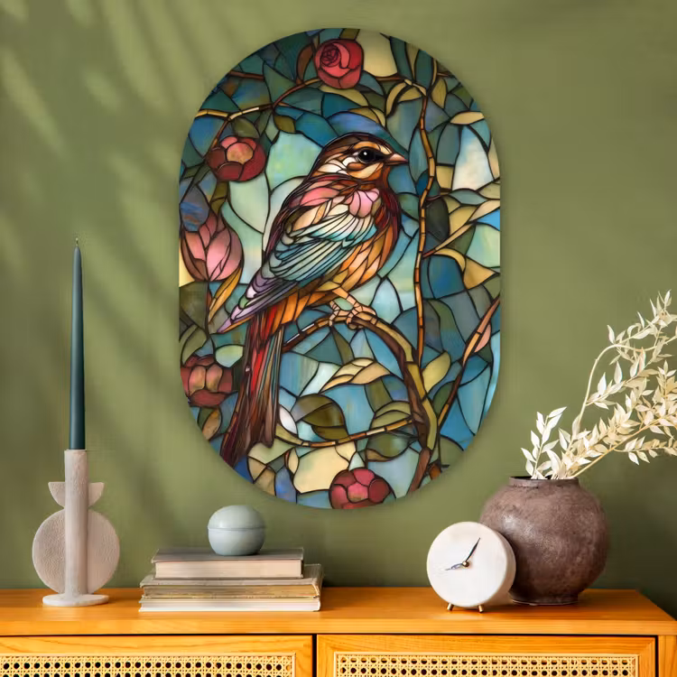 Vogel - Tak - Rozen - Mozaïek Wandcirkel Ovaal Glas middel -sfeer2